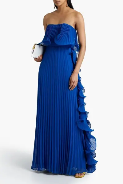 Women Fashion Holiday Solid Color Tube Top Pleated Maxi Dress