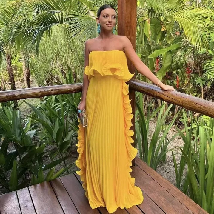 Women Fashion Holiday Solid Color Tube Top Pleated Maxi Dress