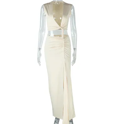 Women Fashion Solid Color V-Neck Hollow Sleeveless Irregular Split Bodycon Maxi Dress