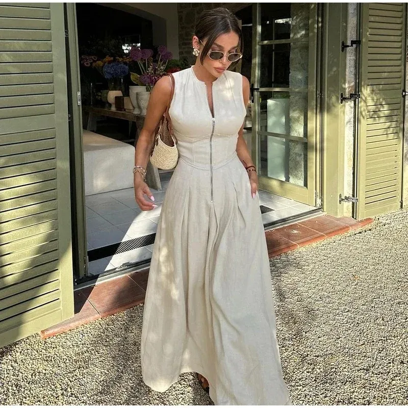 Women High Waist Sleeveless Zipper Maxi Dress - Street Hipster Style