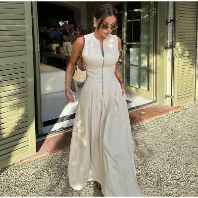 Women High Waist Sleeveless Zipper Maxi Dress - Street Hipster Style