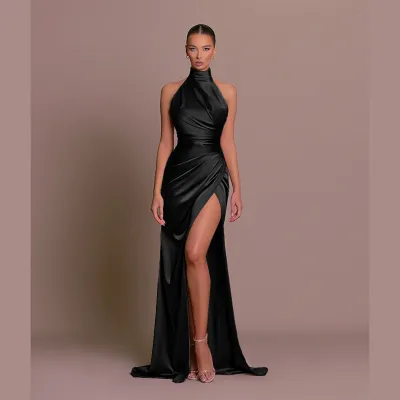 Women Elegant Solid Color Side Split Party Dress