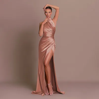 Women Elegant Solid Color Side Split Party Dress