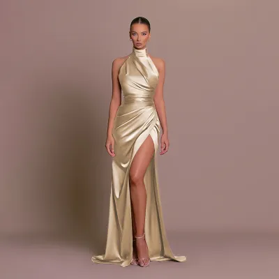 Women Elegant Solid Color Side Split Party Dress
