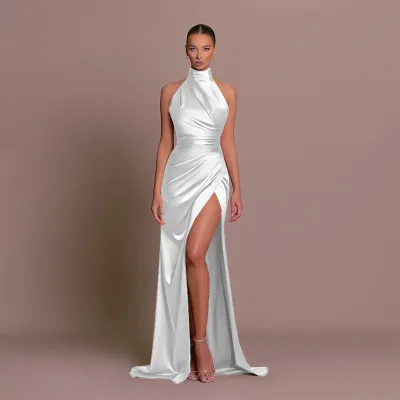 Women Elegant Solid Color Side Split Party Dress