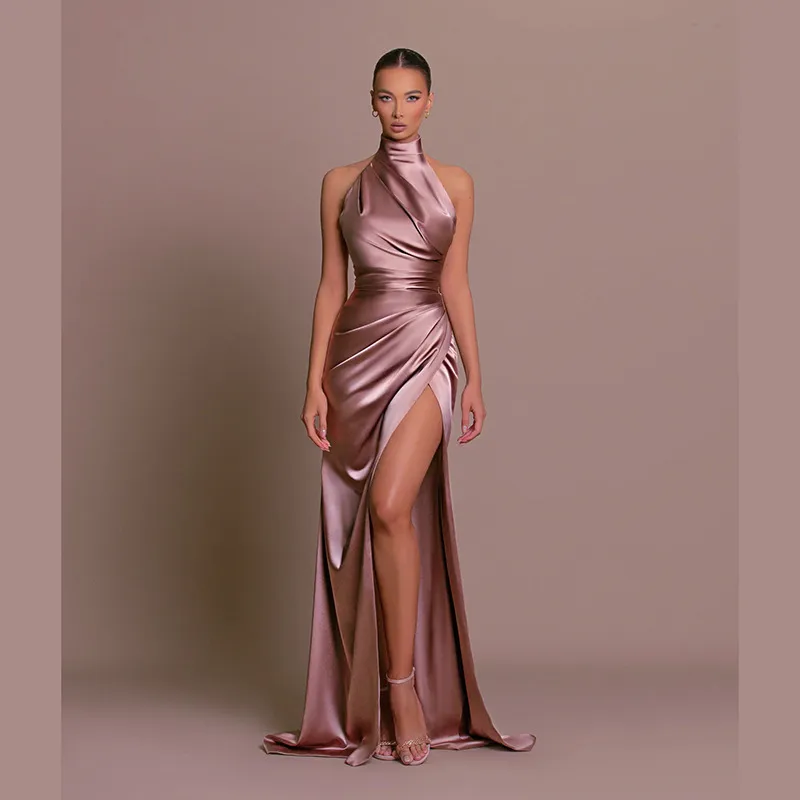 Women Elegant Solid Color Side Split Party Dress