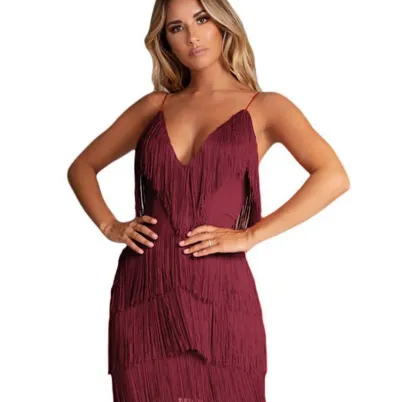 Women Sexy Solid Color Tassel V-Neck Midi Dress