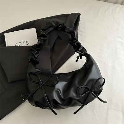 Fashion Design Pleated Solid Color Bow Shoulder Bag Urban Simplicity PU Soft Underarm Bag