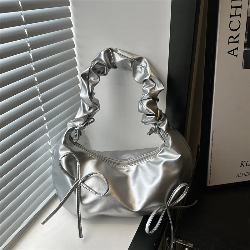 Fashion Design Pleated Solid Color Bow Shoulder Bag Urban Simplicity PU Soft Underarm Bag