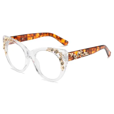 Women Tiny Flower Rhinestone Tortoiseshell Glass Frame Sunglasses
