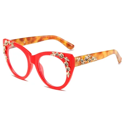 Women Tiny Flower Rhinestone Tortoiseshell Glass Frame Sunglasses