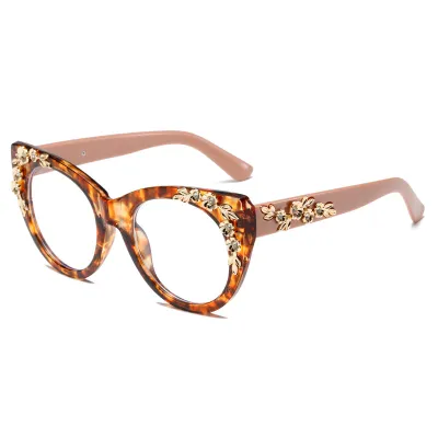 Women Tiny Flower Rhinestone Tortoiseshell Glass Frame Sunglasses