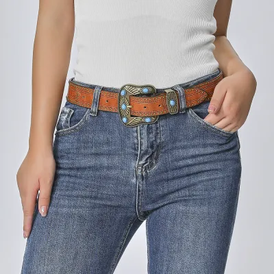 Bohemian Western Women Vintage Turquoise PU Leather Belt