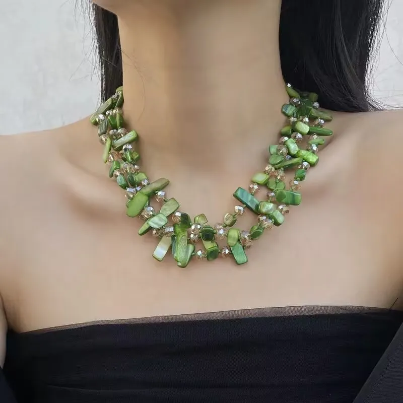 Women Summer Fashion 3-Layer Shell Crystal Beaded Necklace