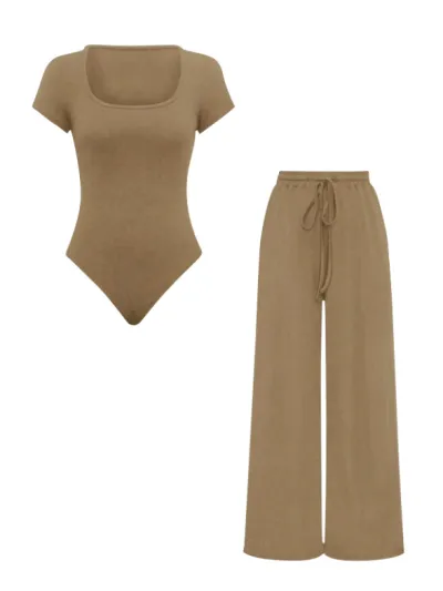 Women Solid Color Rib-Knit Bodysuit Pants Set Street Hipster Style
