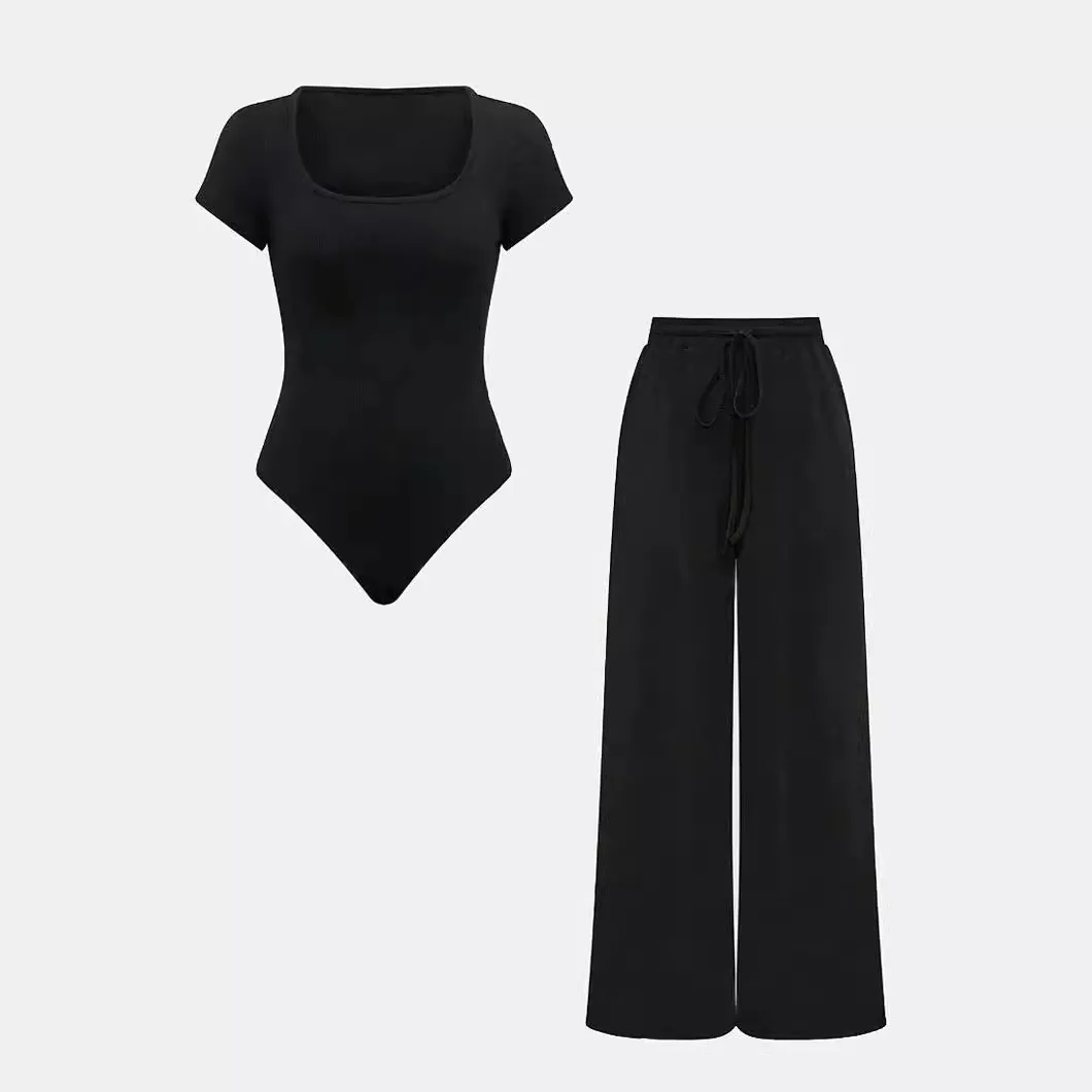 Women Solid Color Rib-Knit Bodysuit Pants Set Street Hipster Style