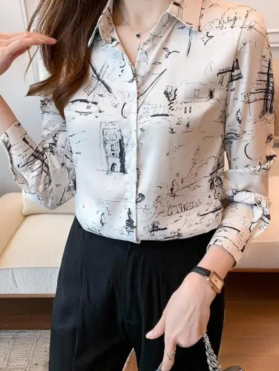 Women Casual Stripe Print Lapel Blouse Shirt