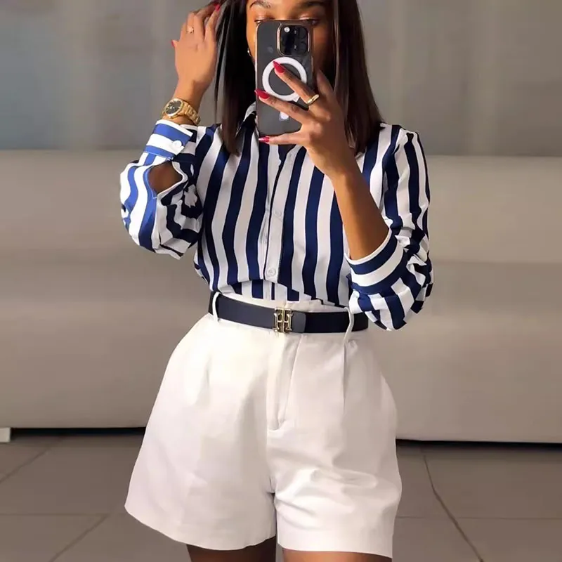 Women Casual Stripe Print Lapel Blouse Shirt