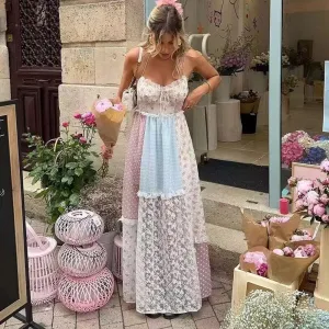 Boho Style Women Tiny Flower Lace Halter Neck Maxi Dress
