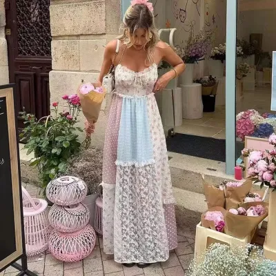 Boho Style Women Tiny Flower Lace Halter Neck Maxi Dress