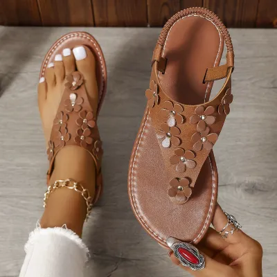Plus Size Fashion Floral Flat Sandals with Herringbone Toe and PU Upper