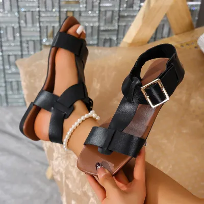 Plus Size Women Vintage Square Toe Flat Sandals Solid Color PU Low Top