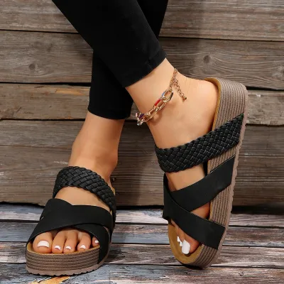 Plus Size Retro Casual Platform Slippers with Microfiber Upper