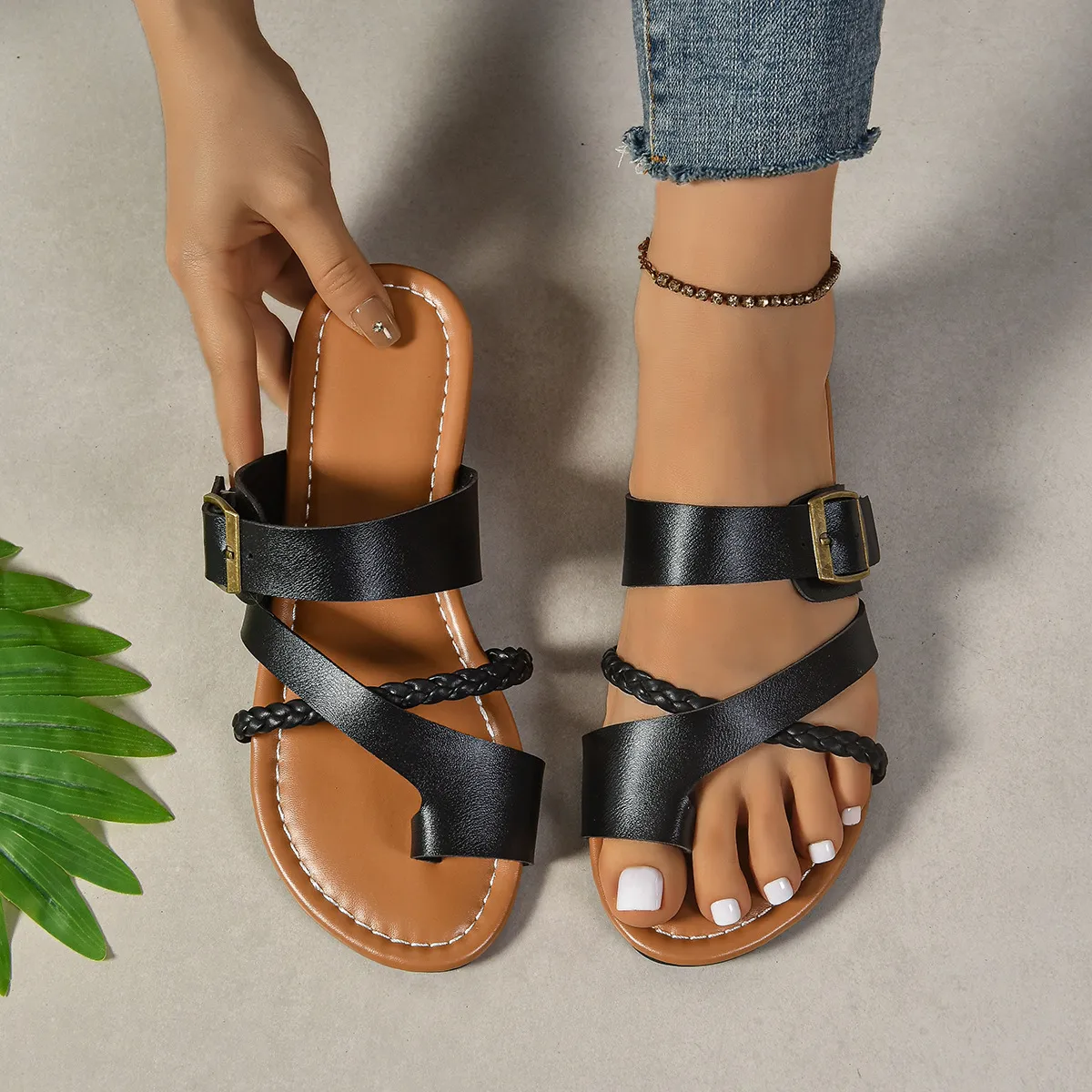 Women's Plus Size Flat Slippers with Solid Color PVC Sole