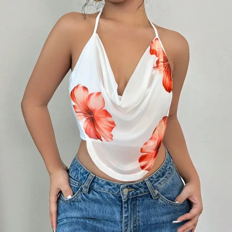Sexy Women Summer Holiday Style Floral Halter Neck Camis