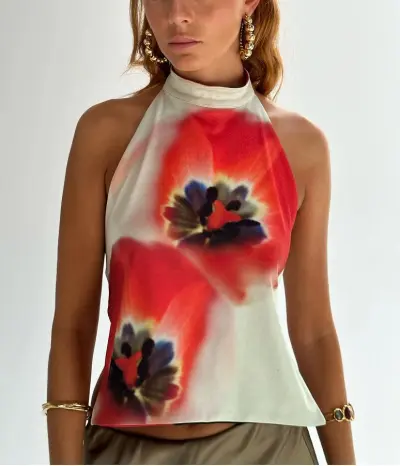 Women Summer Sleeveless Halter Neck Top Polyester Tidal Wind