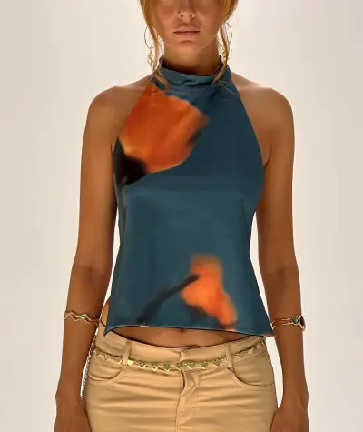 Women Summer Sleeveless Halter Neck Top Polyester Tidal Wind