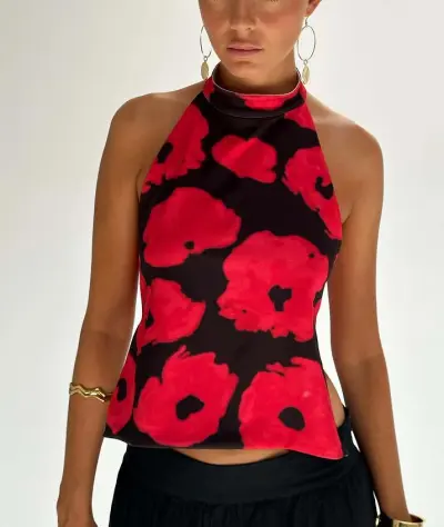 Women Summer Sleeveless Halter Neck Top Polyester Tidal Wind