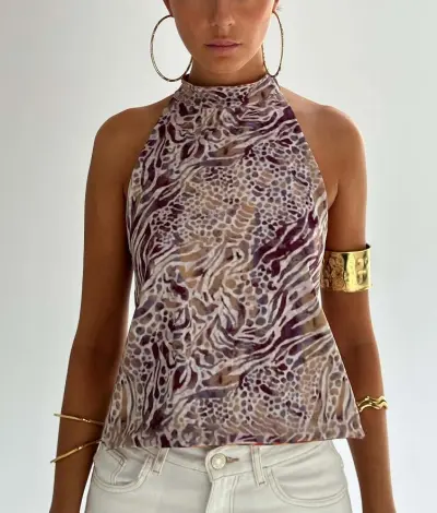 Women Summer Sleeveless Halter Neck Top Polyester Tidal Wind