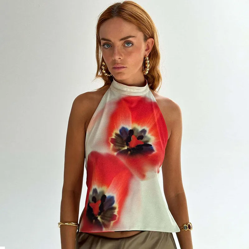 Women Summer Sleeveless Halter Neck Top Polyester Tidal Wind