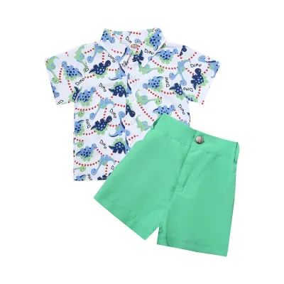 Boy Fashion Casual Printed Lapel Short Sleeve Blouse Loose Shorts Two-Piece Set