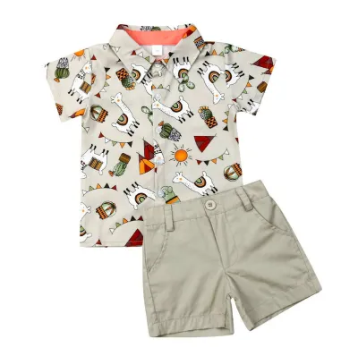 Boy Fashion Casual Printed Lapel Short Sleeve Blouse Loose Shorts Two-Piece Set