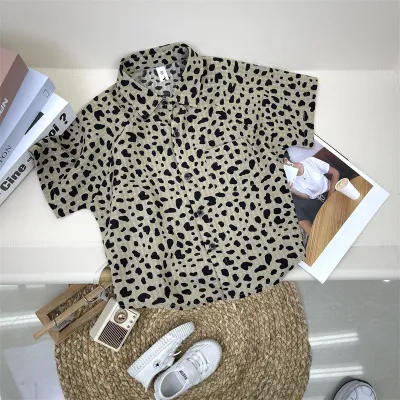 Boy Fashion Casual Leopard Lapel Short Sleeve Blouse