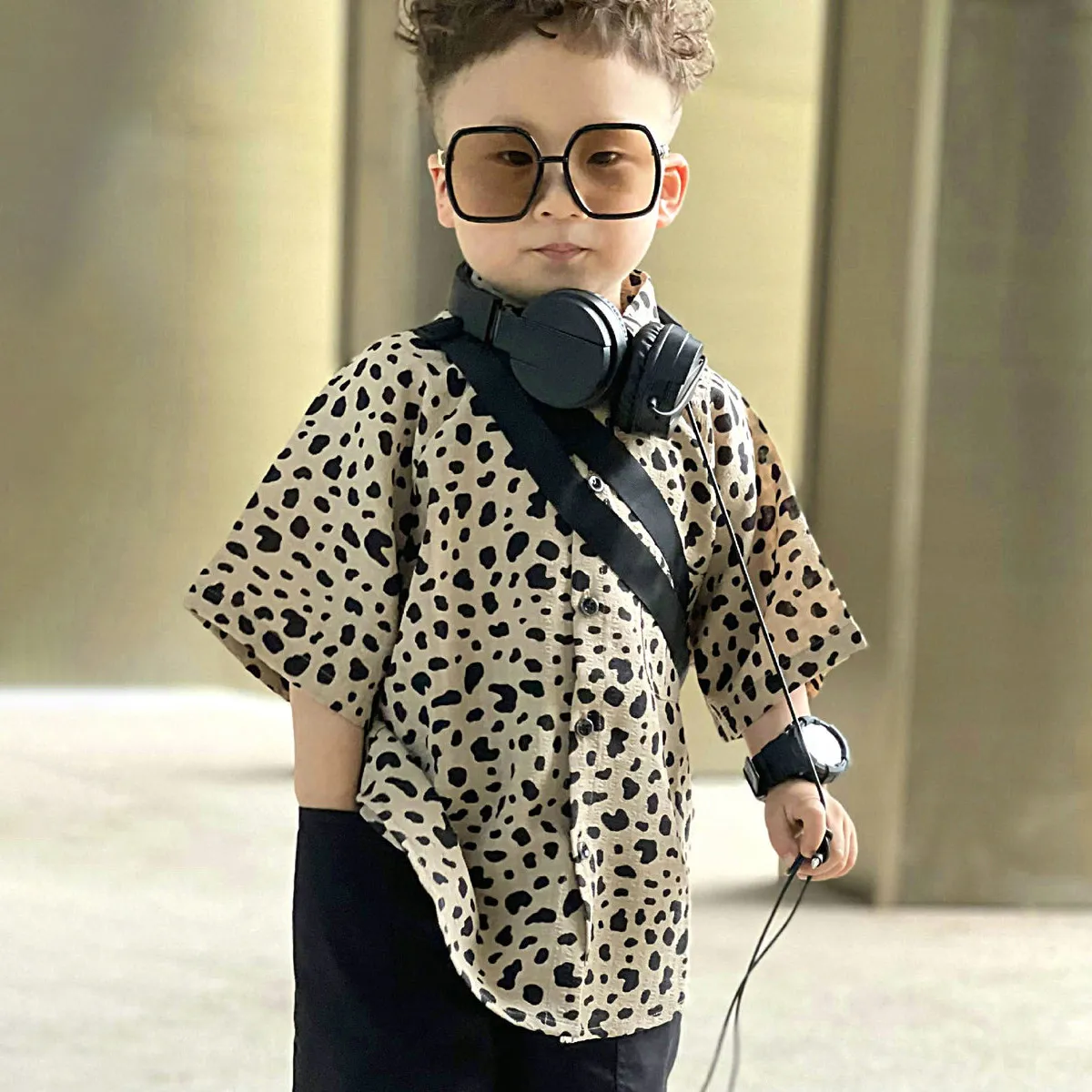 Boy Fashion Casual Leopard Lapel Short Sleeve Blouse