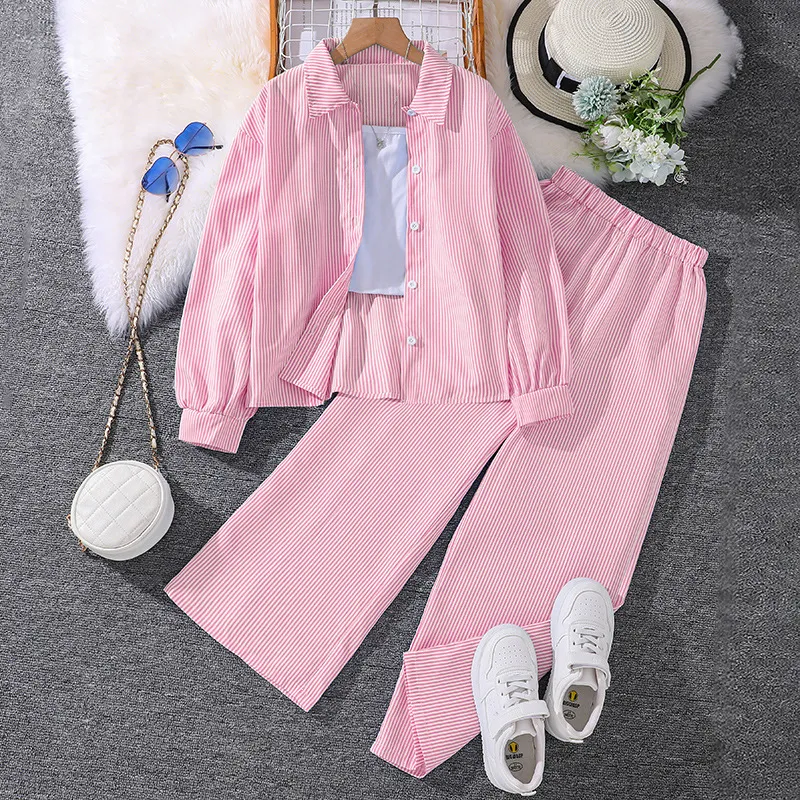 Girls Casual Stripe Lapel Long-Sleeve Blouse Wide-Leg Pants Two-Piece Set