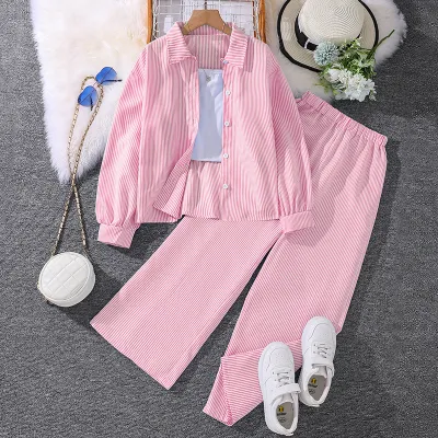 Girls Casual Stripe Lapel Long-Sleeve Blouse Wide-Leg Pants Two-Piece Set