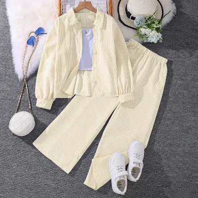 Girls Casual Stripe Lapel Long-Sleeve Blouse Wide-Leg Pants Two-Piece Set