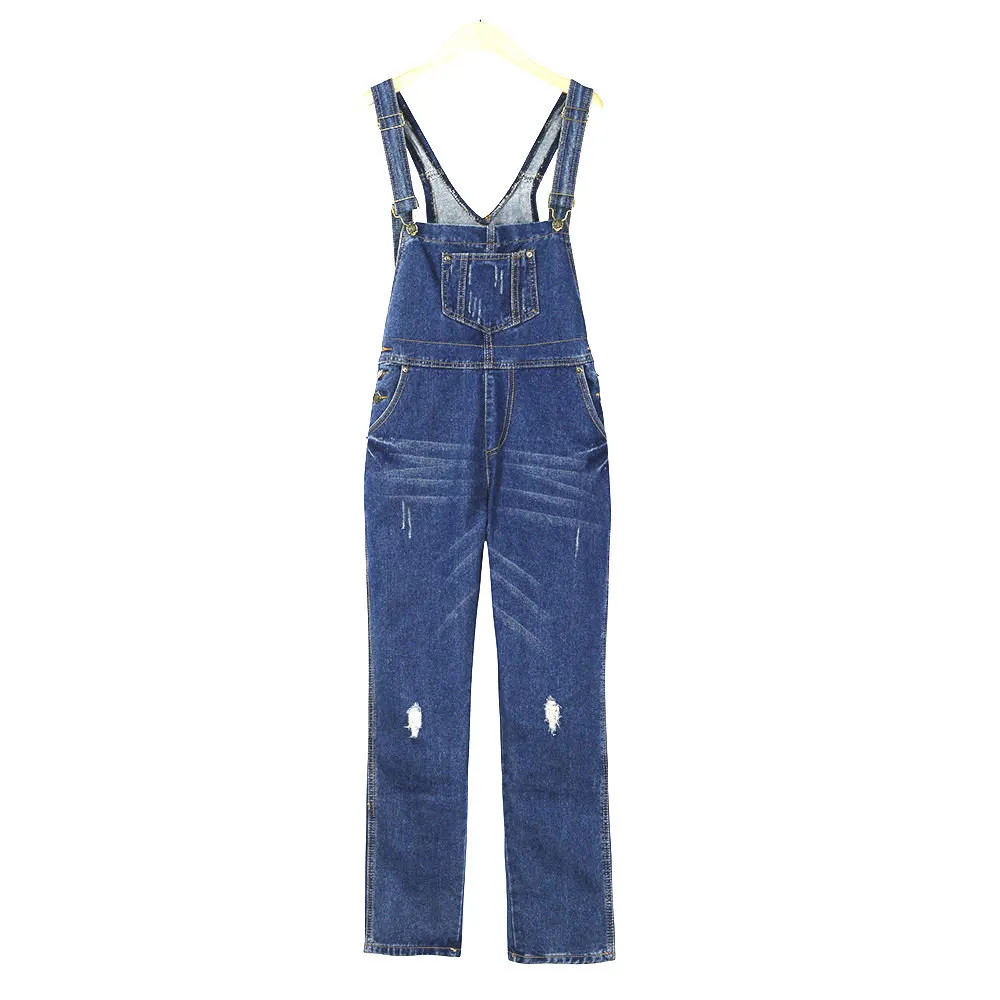 Women Casual Loose Ripped Denim Suspenders Jumpsuit