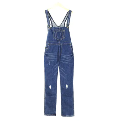 Women Casual Loose Ripped Denim Suspenders Jumpsuit