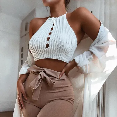 Top de cuello hueco de color sólido de moda para mujer