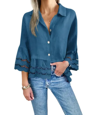Women Casual Solid Color Lapel Hollow-Out Lace Edge Long Sleeve Blouse