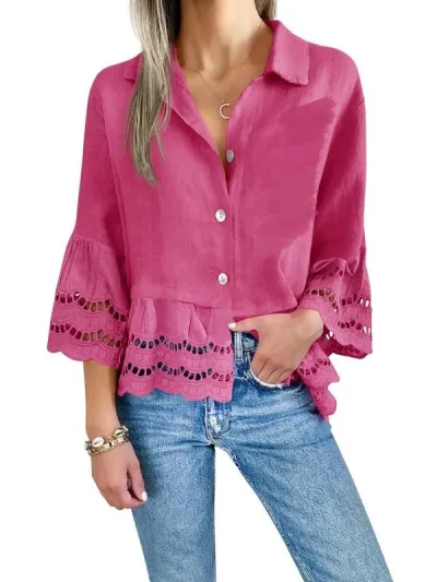 Women Casual Solid Color Lapel Hollow-Out Lace Edge Long Sleeve Blouse