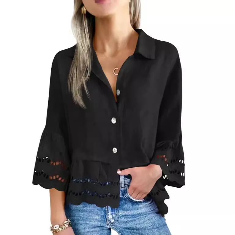Women Casual Solid Color Lapel Hollow-Out Lace Edge Long Sleeve Blouse