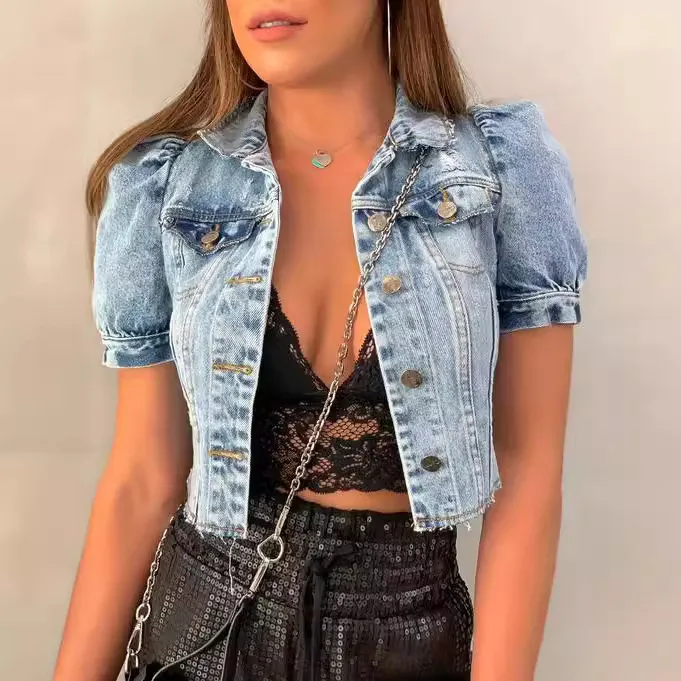 Women Fashion Retro Casual Ripped Bubble Sleeve Denim Jacket Slim Fit