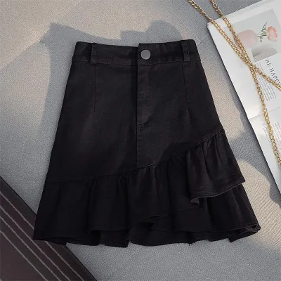 Women's High Waist Denim Skirt with Ruffles and Irregular Hem in Solid Color