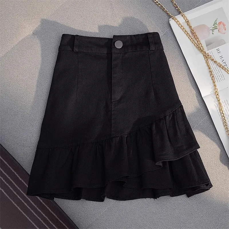 Women's High Waist Denim Skirt with Ruffles and Irregular Hem in Solid Color